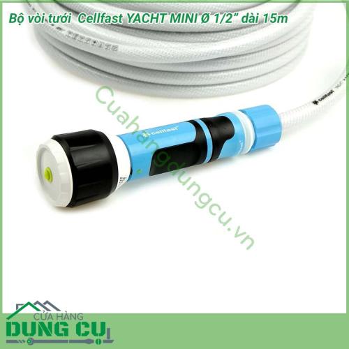 Bộ vòi tưới cây Cellfast YACHT MINI phi 1/2 inch dài 15m thiết kế gọn gàng đẹp mắt, hệ thống 15m dây cuốn gọn trong hộp cùng 1 vòi tưới cây cổ điển  tích hợp 4 chế độ phun tưới tiện dụng thích hợp cho những khu nhà vườn, biệt thự. 