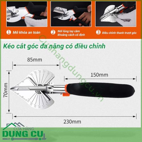 Kéo cắt góc điều chỉnh thiết kế dạng bàn cắt nhỏ chuyên dành cho các thợ sửa chữa nhà cửa, thợ điện chuyên dùng. Cho phép cắt ghép với các góc cắt từ 45° đến 135°. Cắt góc siêu nhanh - siêu chính xác, miếng điều chỉnh góc linh hoạt, vạch số rõ nét