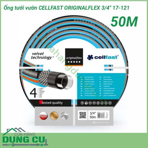 Ống tưới vườn Cellfast OriginialFlex 3/4 inch (50m) 17-121 với chiều dài 50m, được thiết kế bền bỉ và chắc chắn với 4 lớp. Lớp ngoài cùng được làm bằng công nghệ nhung hiện đại và rất dễ chịu khi cầm nắm, va chạm vào.