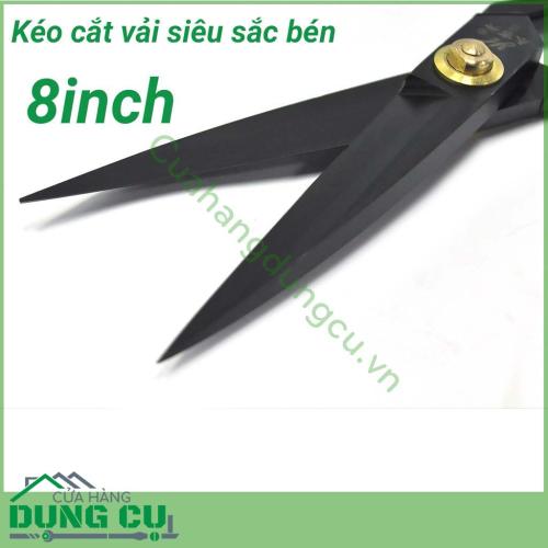 Kéo cắt vải siêu sắc bén 8 inch. Lưỡi sắc bén cắt không bị tưa vải, co rút. Lưỡi kéo thẳng và dài. Sử dụng trong thời gian dài không bị đau mỏi tay