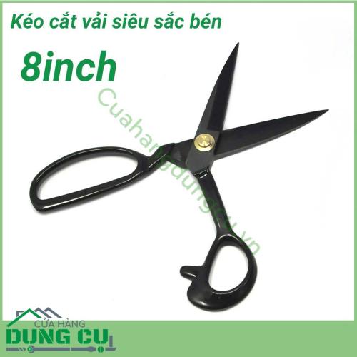 Kéo cắt vải siêu sắc bén 8 inch. Lưỡi sắc bén cắt không bị tưa vải, co rút. Lưỡi kéo thẳng và dài. Sử dụng trong thời gian dài không bị đau mỏi tay