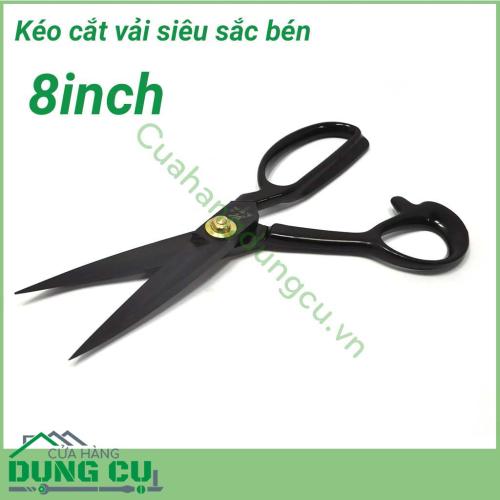 Kéo cắt vải siêu sắc bén 8 inch. Lưỡi sắc bén cắt không bị tưa vải, co rút. Lưỡi kéo thẳng và dài. Sử dụng trong thời gian dài không bị đau mỏi tay