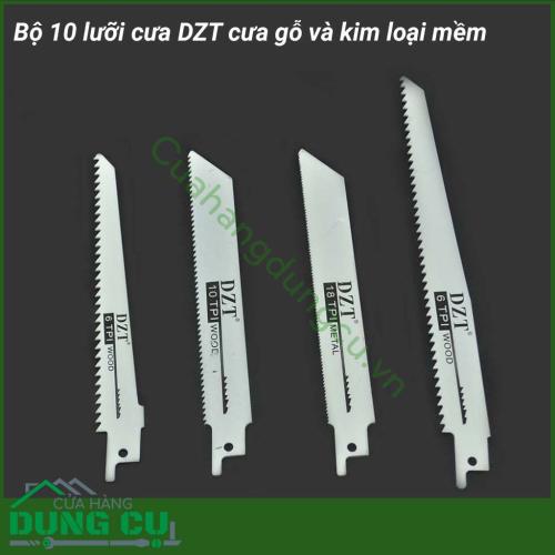 Bộ 10 lưỡi cưa kiếm đa năng DZT cưa gỗ và kim loại mềm chuyên dùng để cắt gỗ, ống nhựa, kim loại mềm như nhôm, đồng, kẽm...Giúp cho công việc cưa cắt các vật liệu trở nên nhanh chóng, sắc bén và an toàn mà không bị vỡ chi tiết...