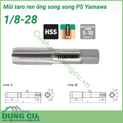 Mũi taro ren ống song song T 2 PS Yamawa 1/8-28 dùng taro cho vật liệu thép carbon trung bình. Vật liệu làm taro là HSS-E gia công rất tốt thép các bon có độ cứng trung bình (S25~45C) và gia công tốt thép các bon có độ cứng thấp