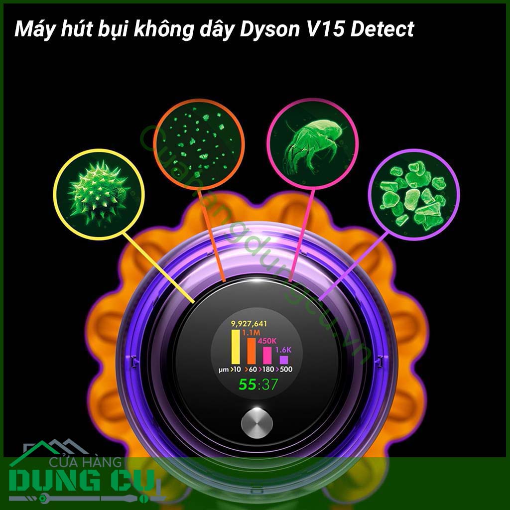 Máy hút bụi không dây Dyson V15 Detect có tia laser góc chính xác phát hiện bụi cực nhỏ trên sàn cứng, vì vậy bạn không bỏ sót bất cứ thứ gì. Bộ lọc toàn bộ máy tiên tiến loại bỏ 99,99% các hạt, bụi và chất gây dị ứng.