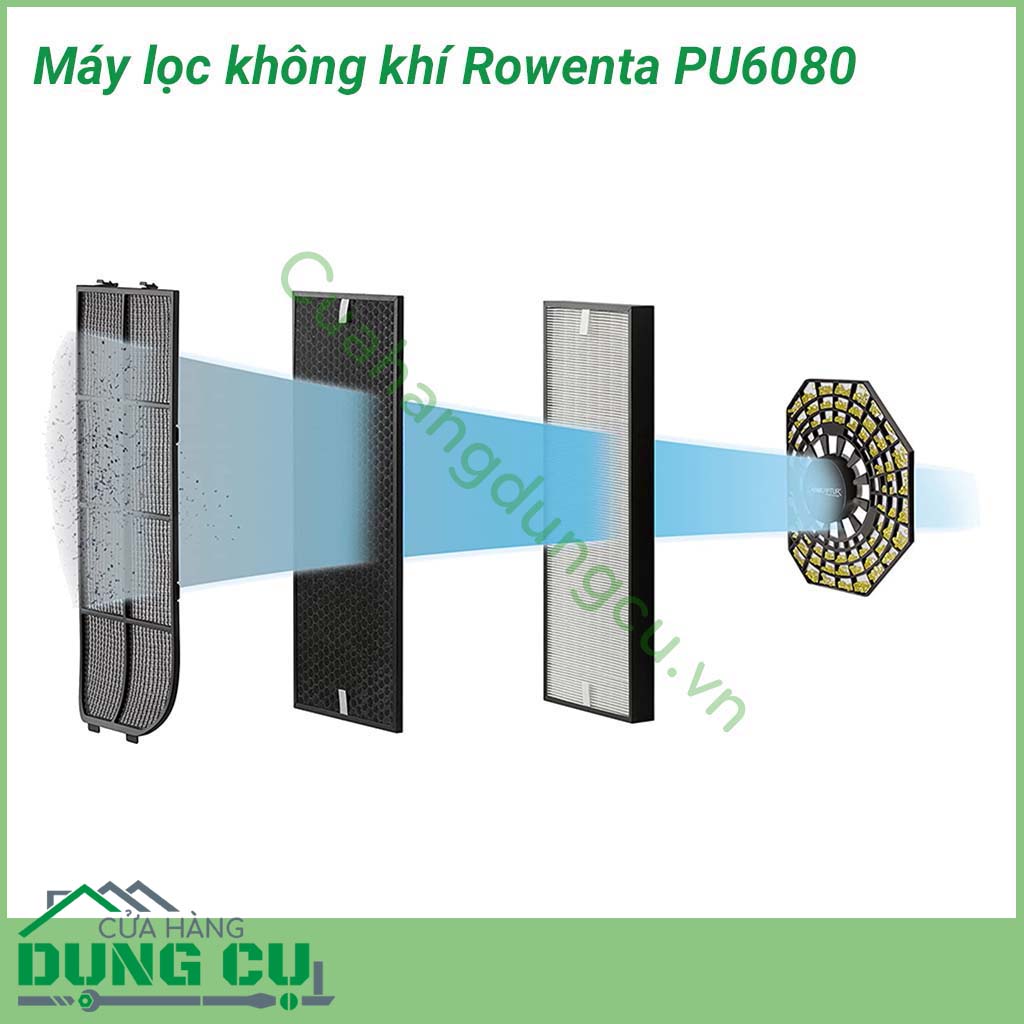 Máy lọc không khí Rowenta PU6080 dòng cao cấp 4 màng lọc, dùng được cho phòng lên đến 140m2, giúp làm sạch 99,95% không khí cũng quanh căn phòng của bạn. Khử sạch nấm mốc, mùi khói bụi, thuốc lá, loại sạch các tác nhân gây dị ứng qua 4 màng lọc: