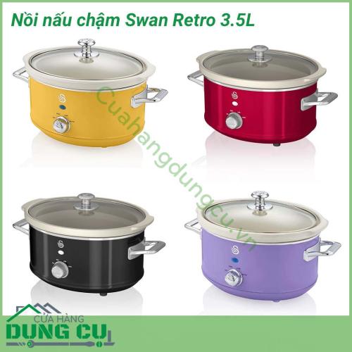 Nồi nấu chậm Swan Retro 3.5L thích hợp cho các món hầm nấu chậm và nấu với nhiệt độ thấp vừa phải như các món kho (cá kho, thịt kho, bò kho...), giả cầy, bò sốt vang, bắp bò luộc mắm xả, gà quay nguyên con, các món cháo hoặc súp...