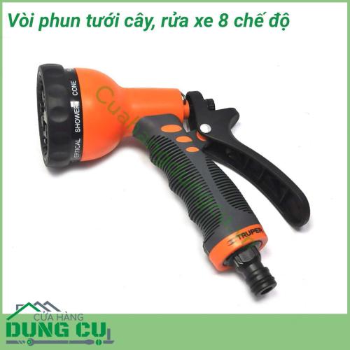 Vòi tưới cây, rửa xe đa năng 8 chế độ với 8 kiểu phun khác nhau phù hợp với nhiều loại cây trồng, có thể điều chỉnh được lưu lượng nước khi tưới. Đây sẽ là sự lựa chọn hoàn hảo để giúp cho việc chăm sóc cây trong khu vườn của bạn dễ dàng hơn.