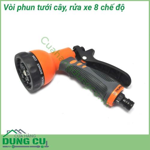 Vòi tưới cây, rửa xe đa năng 8 chế độ với 8 kiểu phun khác nhau phù hợp với nhiều loại cây trồng, có thể điều chỉnh được lưu lượng nước khi tưới. Đây sẽ là sự lựa chọn hoàn hảo để giúp cho việc chăm sóc cây trong khu vườn của bạn dễ dàng hơn.