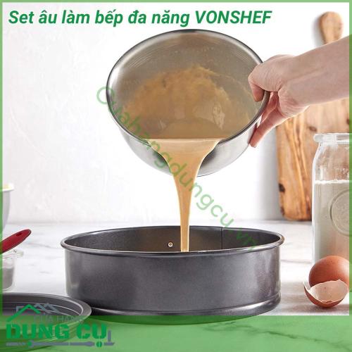 Set âu làm bếp đa năng VONSHEF được làm bằng inox cao cấp không gỉ, đế silicon chống trượt, nắp nhựa kín giúp bảo quản thực phẩm rất tốt