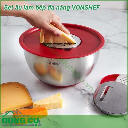 Set âu làm bếp đa năng VONSHEF được làm bằng inox cao cấp không gỉ, đế silicon chống trượt, nắp nhựa kín giúp bảo quản thực phẩm rất tốt