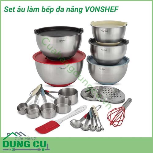 Set âu làm bếp đa năng VONSHEF được làm bằng inox cao cấp không gỉ, đế silicon chống trượt, nắp nhựa kín giúp bảo quản thực phẩm rất tốt