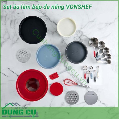 Set âu làm bếp đa năng VONSHEF được làm bằng inox cao cấp không gỉ, đế silicon chống trượt, nắp nhựa kín giúp bảo quản thực phẩm rất tốt