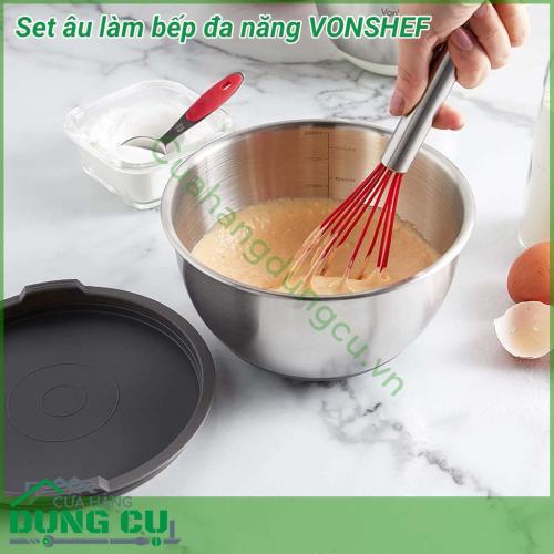 Set âu làm bếp đa năng VONSHEF được làm bằng inox cao cấp không gỉ, đế silicon chống trượt, nắp nhựa kín giúp bảo quản thực phẩm rất tốt