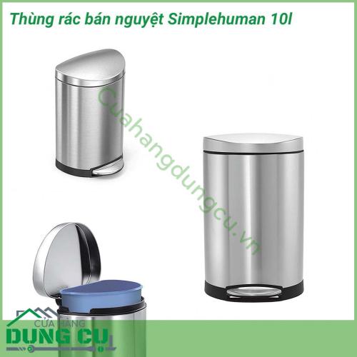 Thùng rác bán nguyệt Simplehuman 10l tiết kiệm không gian này có thể đặt sát tường, hoàn hảo cho phòng tắm hoặc văn phòng. Thùng rác bằng thép không gỉ chống dấu vân tay, đóng mở bằng bàn đạp bằng thép có tuổi thọ 150.000 lần sử dụng