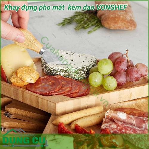 Khay đựng pho mát gấp gọn kèm dao chuyên dụng Vonshef được làm từ 100% gỗ tre tự nhiên, bền,cứng  dễ sử dụng. Thiết kế hiện đại với 3 tầng riêng biệt, khay đựng dao