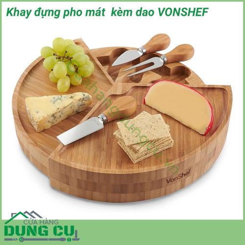 Khay đựng pho mát gấp gọn kèm dao chuyên dụng Vonshef được làm từ 100% gỗ tre tự nhiên, bền,cứng  dễ sử dụng. Thiết kế hiện đại với 3 tầng riêng biệt, khay đựng dao