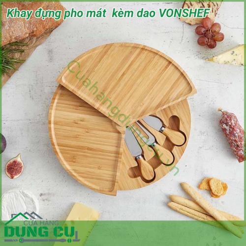 Khay đựng pho mát gấp gọn kèm dao chuyên dụng Vonshef được làm từ 100% gỗ tre tự nhiên, bền,cứng  dễ sử dụng. Thiết kế hiện đại với 3 tầng riêng biệt, khay đựng dao