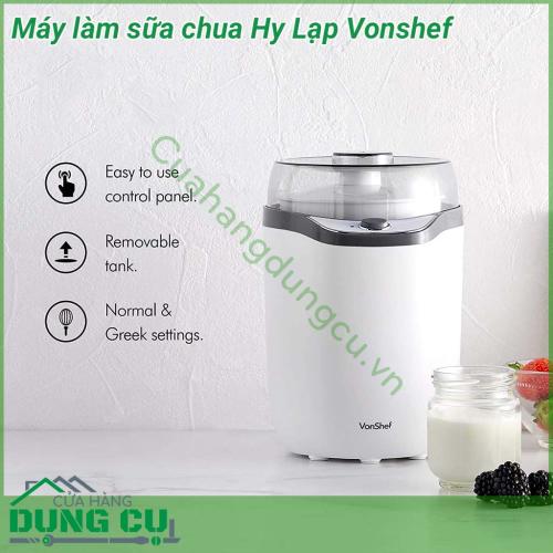 Máy làm sữa chua Hy Lạp Vonshef có thể làm cả sữa chua Hy Lạp hay sữa chua thường nhờ 2 chế độ đặt sẵn của máy. Nhờ có giỏ lọc tách nước nên rất tiện lợi, các mẹ sẽ được thưởng thức món sữa chua Hy Lạp bổ dưỡng hơn gấp nhiều lần sữa chua thường