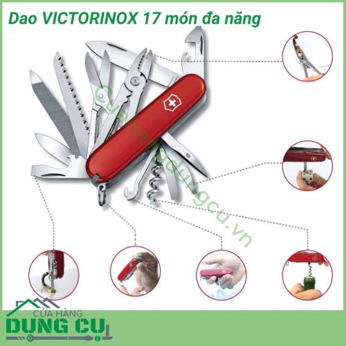 Dao gấp đa năng 17 món Victorinox có rất nhiều chức năng hữu ích, tiện dụng như: mở nút chai, mở bia, kéo, dao, tuốc vít, kìm.... hầu như đáp ứng được yêu cầu thiết thực hàng ngày