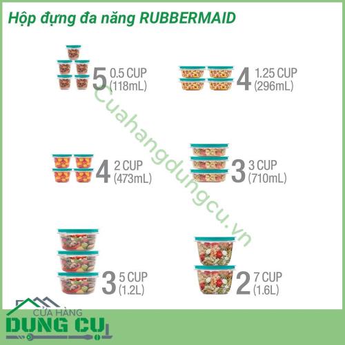 Hộp đựng đa năng 42 món Rubbermaid nhựa crystal chống trầy xước cực tốt. Hộp nắp kín chân không, hoàn toàn không hở khí giúp thực phẩm tươi và giữ mùi vị được lâu hơn. Hộp cực kỳ an toàn khi sử dụng cho lò vi sóng và máy rửa chén.