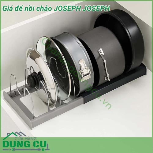 Giá để nồi chảo JOSEPH JOSEPH hoàn hảo để lưu trữ nhiều loại chảo, vung và khay nướng. Giá để nồi chảo bao gồm 1 khung điều chỉnh và 10 bộ chia dây chống xước có thể điều chỉnh với các khe tay cầm chảo