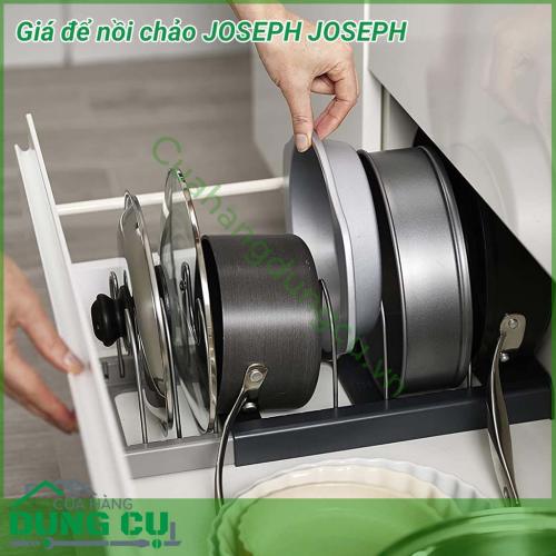 Giá để nồi chảo JOSEPH JOSEPH hoàn hảo để lưu trữ nhiều loại chảo, vung và khay nướng. Giá để nồi chảo bao gồm 1 khung điều chỉnh và 10 bộ chia dây chống xước có thể điều chỉnh với các khe tay cầm chảo