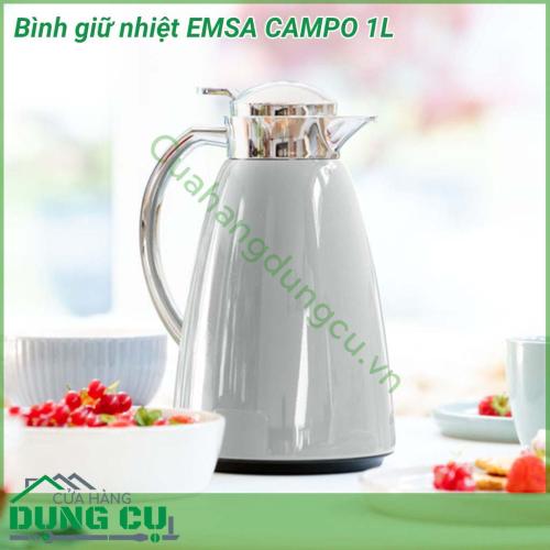 Bình giữ nhiệt EMSA CAMPO 1L chất liệu cao cấp bóng đẹp và rất bền, lõi giữ nhiệt bằng thủy tinh có khả năng giữ nóng 12h, giữ lạnh 24h, sản phẩm thích hợp để đựng nước nóng, hãm trà, các loại nước lá….