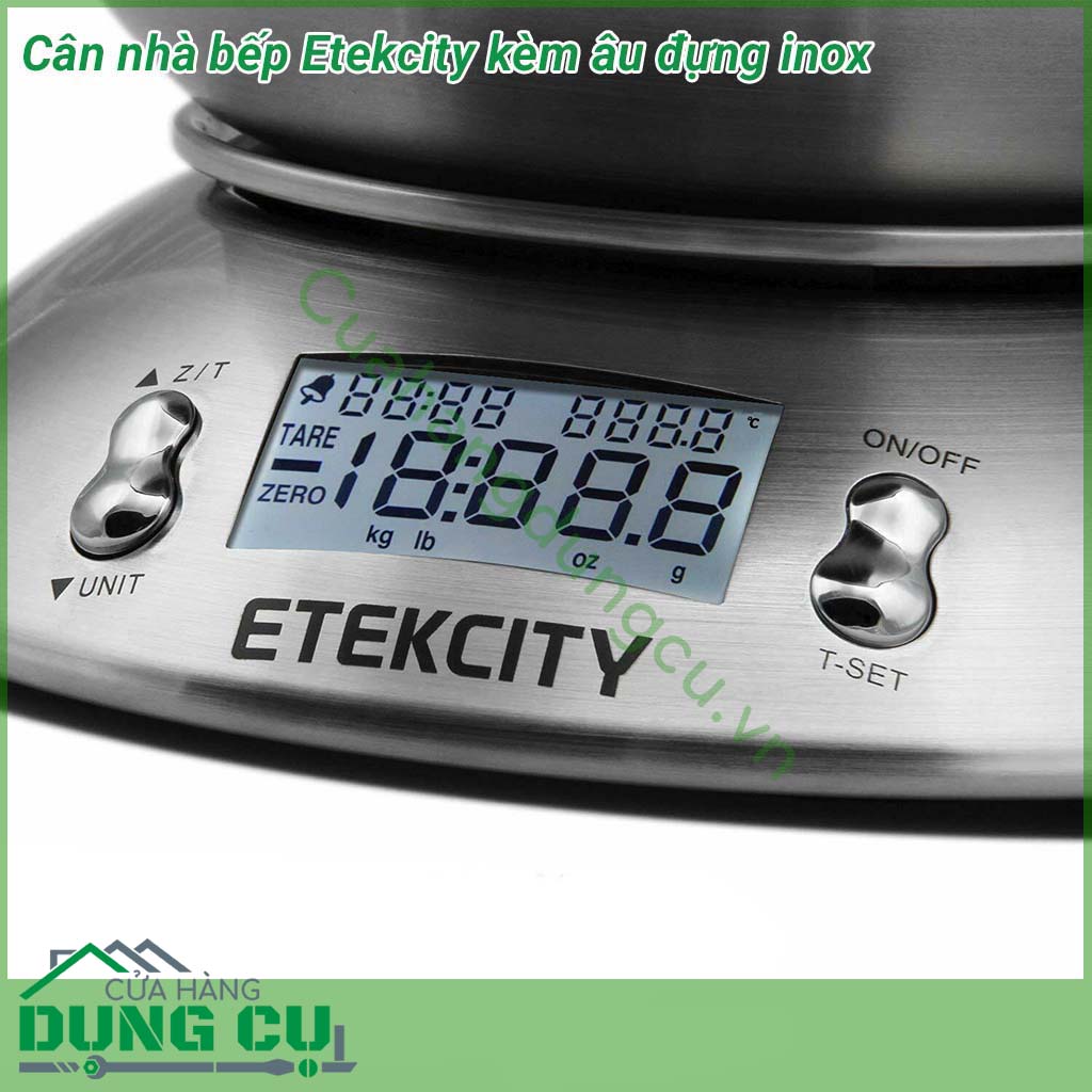 Cân điện tử nhà bếp Etekcity kèm âu đựng inox màn hình LCD hiển thị thời gian và nhiệt độ. Cảm biến đo lường chính xác cao, cung cấp kết quả chính xác tuyệt đối.
