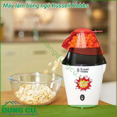 Máy làm bỏng ngô Russell Hobbs có thiết kế khá nhỏ gọn và đơn giản, dễ sử dụng. Chỉ sau khoảng 10-15 phút chờ đợi là chị em đã có 1 mẻ bỏng ngô vàng ươm, đẹp mắt.