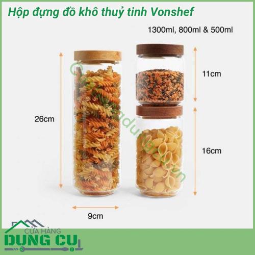 Hộp đựng đồ khô thủy tinh Vonshef dùng để đựng muối, đường, các loại gia vị hoặc một số loại thực phẩm như bim bim, hoa quả sấy, hạt khô, mì ống, ngũ cốc, sữa bột,.. rất tiện dụng.