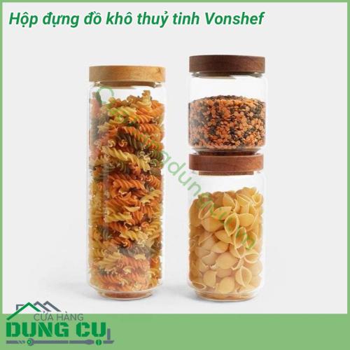 Hộp đựng đồ khô thủy tinh Vonshef dùng để đựng muối, đường, các loại gia vị hoặc một số loại thực phẩm như bim bim, hoa quả sấy, hạt khô, mì ống, ngũ cốc, sữa bột,.. rất tiện dụng.