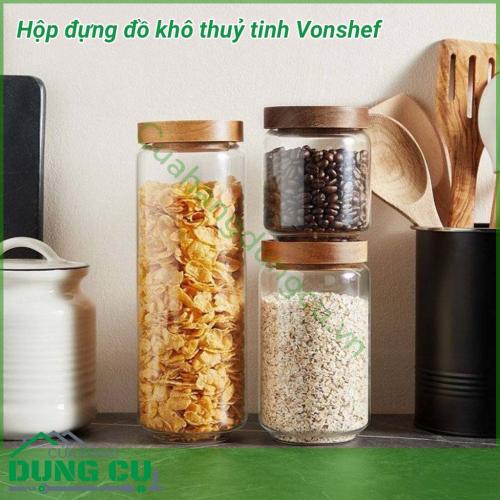 Hộp đựng đồ khô thủy tinh Vonshef dùng để đựng muối, đường, các loại gia vị hoặc một số loại thực phẩm như bim bim, hoa quả sấy, hạt khô, mì ống, ngũ cốc, sữa bột,.. rất tiện dụng.