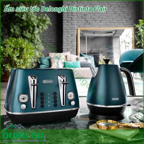 Ấm siêu tốc Delonghi Distinta Flair dung tích 1.7L được làm bằng thép không gỉ phủ lớp sơn mờ trang nhã với các chi tiết mạ crôm và các điểm tiếp xúc được bọc kim loại. Với kiểu dáng tinh tế, màu sắc hiện đại tạo không gian nhà bạn trở nên sang trọng hơn.