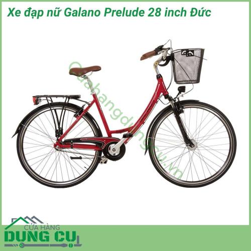 Xe đạp nữ Galano Prelude 28 inch Đức lấy cảm hứng dựa trên thiết kế xe đạp cổ điển Hà Lan. Giỏ xe phía trước có thể tháo rời dễ dàng giúp việc mua sắm trở nên thuận tiện. Yên xe rộng thoải mái mặt trên bằng da tổng hợp. 