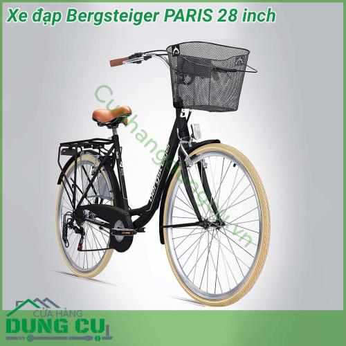 Xe đạp Bergsteiger PARIS 28 inch dòng xe nội địa Đức, bền bỉ - chất lượng - an toàn. Xe được trang bị bộ sang số Shimano 7 cấp, có Giỏ QuickFix, giá đỡ xe đạp, chuông, đèn pin. Xe cũng được trang bị đèn xe đạp với chức năng đèn đỗ xe để đảm bảo an toàn. 