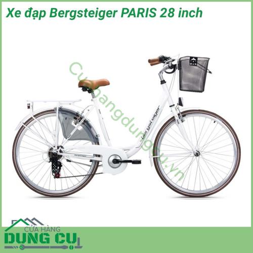 Xe đạp Bergsteiger PARIS 28 inch dòng xe nội địa Đức, bền bỉ - chất lượng - an toàn. Xe được trang bị bộ sang số Shimano 7 cấp, có Giỏ QuickFix, giá đỡ xe đạp, chuông, đèn pin. Xe cũng được trang bị đèn xe đạp với chức năng đèn đỗ xe để đảm bảo an toàn. 