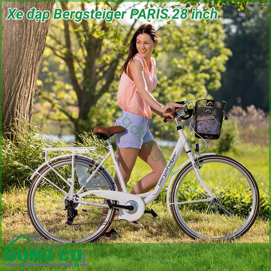Xe đạp Bergsteiger PARIS 28 inch dòng xe nội địa Đức, bền bỉ - chất lượng - an toàn. Xe được trang bị bộ sang số Shimano 7 cấp, có Giỏ QuickFix, giá đỡ xe đạp, chuông, đèn pin. Xe cũng được trang bị đèn xe đạp với chức năng đèn đỗ xe để đảm bảo an toàn. 