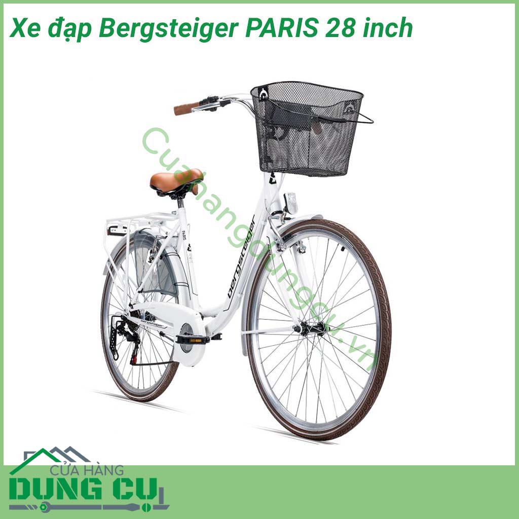 Xe đạp Bergsteiger PARIS 28 inch dòng xe nội địa Đức, bền bỉ - chất lượng - an toàn. Xe được trang bị bộ sang số Shimano 7 cấp, có Giỏ QuickFix, giá đỡ xe đạp, chuông, đèn pin. Xe cũng được trang bị đèn xe đạp với chức năng đèn đỗ xe để đảm bảo an toàn. 