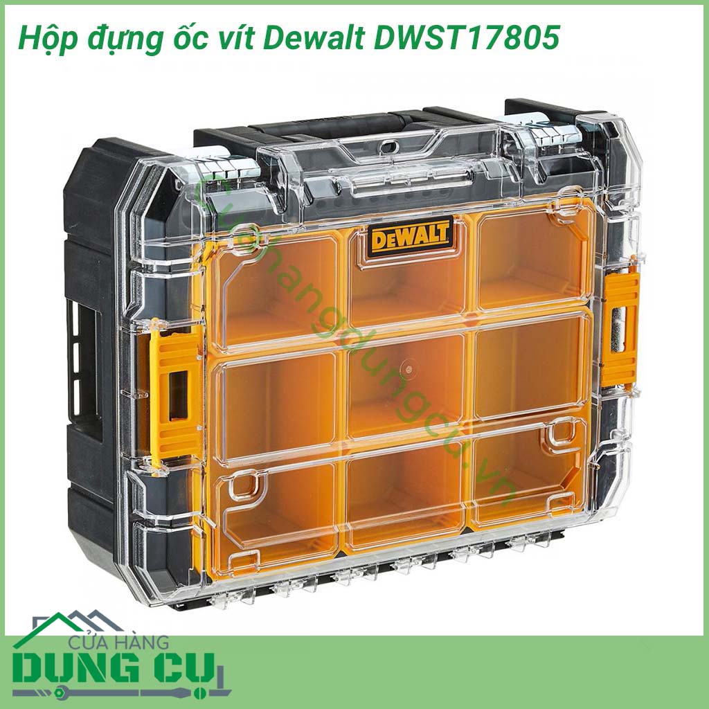 Hộp đựng ốc vít Dewalt DWST17805 với thiết kế đặc trưng với tông vàng đen của Dewalt. Chất liệu nhựa chịu lực cho độ bền lâu dài. Hộp dùng cho việc đựng những linh kiện nhỏ và đồ nghề khi ra công trình cũng như cất giữ nó tốt hơn.