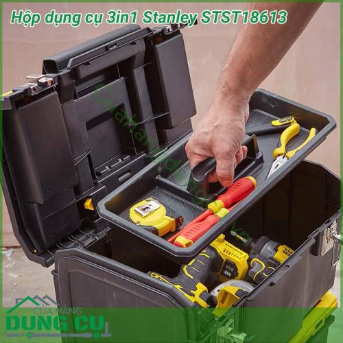 Hộp dụng cụ Stanley STST18613 3in1 có bánh xe kéo, hộp được làm từ chất liệu nhựa cao cấp, theo tiêu chuẩn của châu Âu nên đảm bảo độ bền và chịu lực tốt, cho thời gian sử dụng lâu dài, vừa giúp bạn yên tâm trong suốt quá trình sử dụng