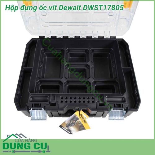 Hộp đựng ốc vít Dewalt DWST17805 với thiết kế đặc trưng với tông vàng đen của Dewalt. Chất liệu nhựa chịu lực cho độ bền lâu dài. Hộp dùng cho việc đựng những linh kiện nhỏ và đồ nghề khi ra công trình cũng như cất giữ nó tốt hơn.