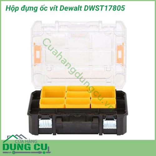 Hộp đựng ốc vít Dewalt DWST17805 với thiết kế đặc trưng với tông vàng đen của Dewalt. Chất liệu nhựa chịu lực cho độ bền lâu dài. Hộp dùng cho việc đựng những linh kiện nhỏ và đồ nghề khi ra công trình cũng như cất giữ nó tốt hơn.