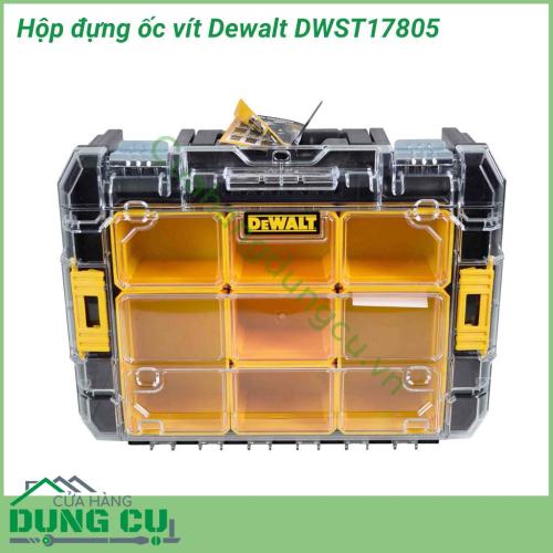 Hộp đựng ốc vít Dewalt DWST17805 với thiết kế đặc trưng với tông vàng đen của Dewalt. Chất liệu nhựa chịu lực cho độ bền lâu dài. Hộp dùng cho việc đựng những linh kiện nhỏ và đồ nghề khi ra công trình cũng như cất giữ nó tốt hơn.