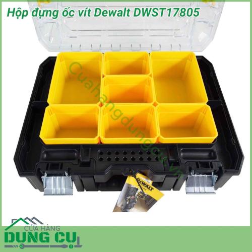 Hộp đựng ốc vít Dewalt DWST17805 với thiết kế đặc trưng với tông vàng đen của Dewalt. Chất liệu nhựa chịu lực cho độ bền lâu dài. Hộp dùng cho việc đựng những linh kiện nhỏ và đồ nghề khi ra công trình cũng như cất giữ nó tốt hơn.