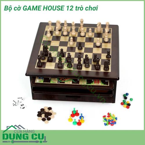 Bộ 12 trò chơi Game House với nhiều trò chơi hấp dẫn như: Cờ vua, Cờ caro, Ván bài ngửa, Mancala, Tic-Tac-Toe, Sternhalma, Rắn & Thang, Ludo (Pachisi), Solitaire, Đua xúc xắc, gói gọn trong hộp gỗ tiết kiệm không gian.