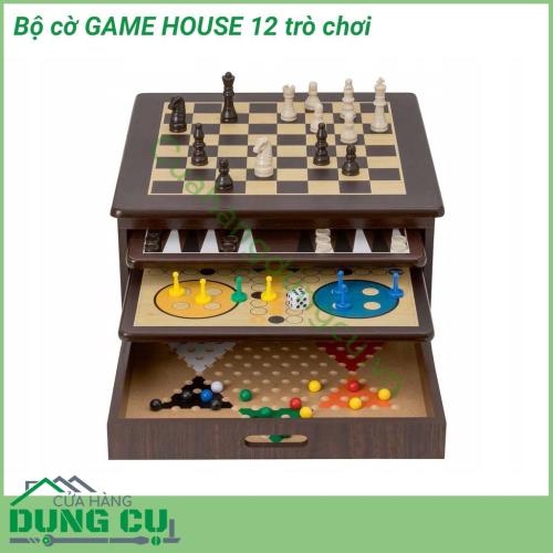 Bộ 12 trò chơi Game House với nhiều trò chơi hấp dẫn như: Cờ vua, Cờ caro, Ván bài ngửa, Mancala, Tic-Tac-Toe, Sternhalma, Rắn & Thang, Ludo (Pachisi), Solitaire, Đua xúc xắc, gói gọn trong hộp gỗ tiết kiệm không gian.