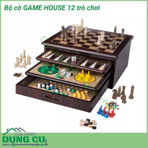 Bộ 12 trò chơi Game House với nhiều trò chơi hấp dẫn như: Cờ vua, Cờ caro, Ván bài ngửa, Mancala, Tic-Tac-Toe, Sternhalma, Rắn & Thang, Ludo (Pachisi), Solitaire, Đua xúc xắc, gói gọn trong hộp gỗ tiết kiệm không gian.