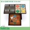 Bộ 12 trò chơi Game House với nhiều trò chơi hấp dẫn như: Cờ vua, Cờ caro, Ván bài ngửa, Mancala, Tic-Tac-Toe, Sternhalma, Rắn & Thang, Ludo (Pachisi), Solitaire, Đua xúc xắc, gói gọn trong hộp gỗ tiết kiệm không gian.