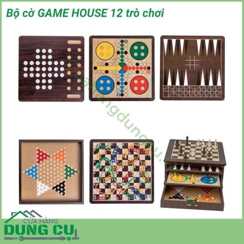 Bộ 12 trò chơi Game House với nhiều trò chơi hấp dẫn như: Cờ vua, Cờ caro, Ván bài ngửa, Mancala, Tic-Tac-Toe, Sternhalma, Rắn & Thang, Ludo (Pachisi), Solitaire, Đua xúc xắc, gói gọn trong hộp gỗ tiết kiệm không gian.